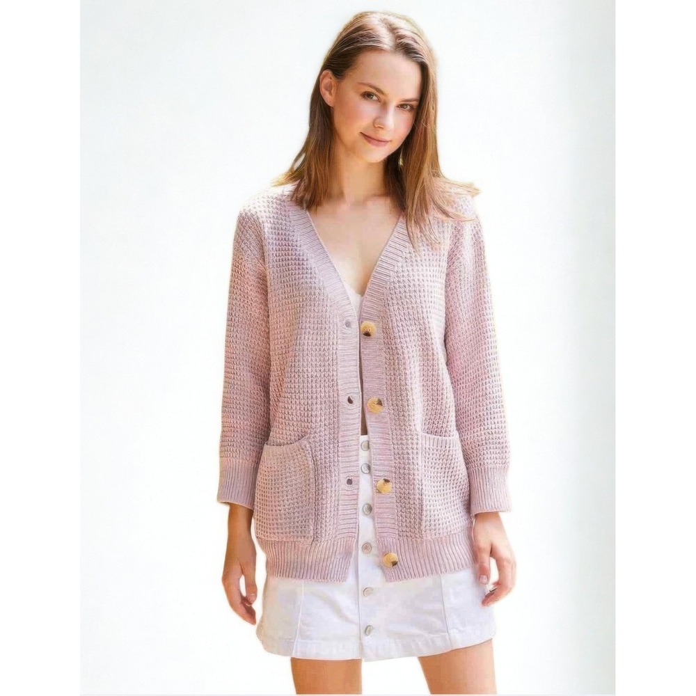Pink Waffle Knit Button‎ Front Cardigan Sweater Size Medium